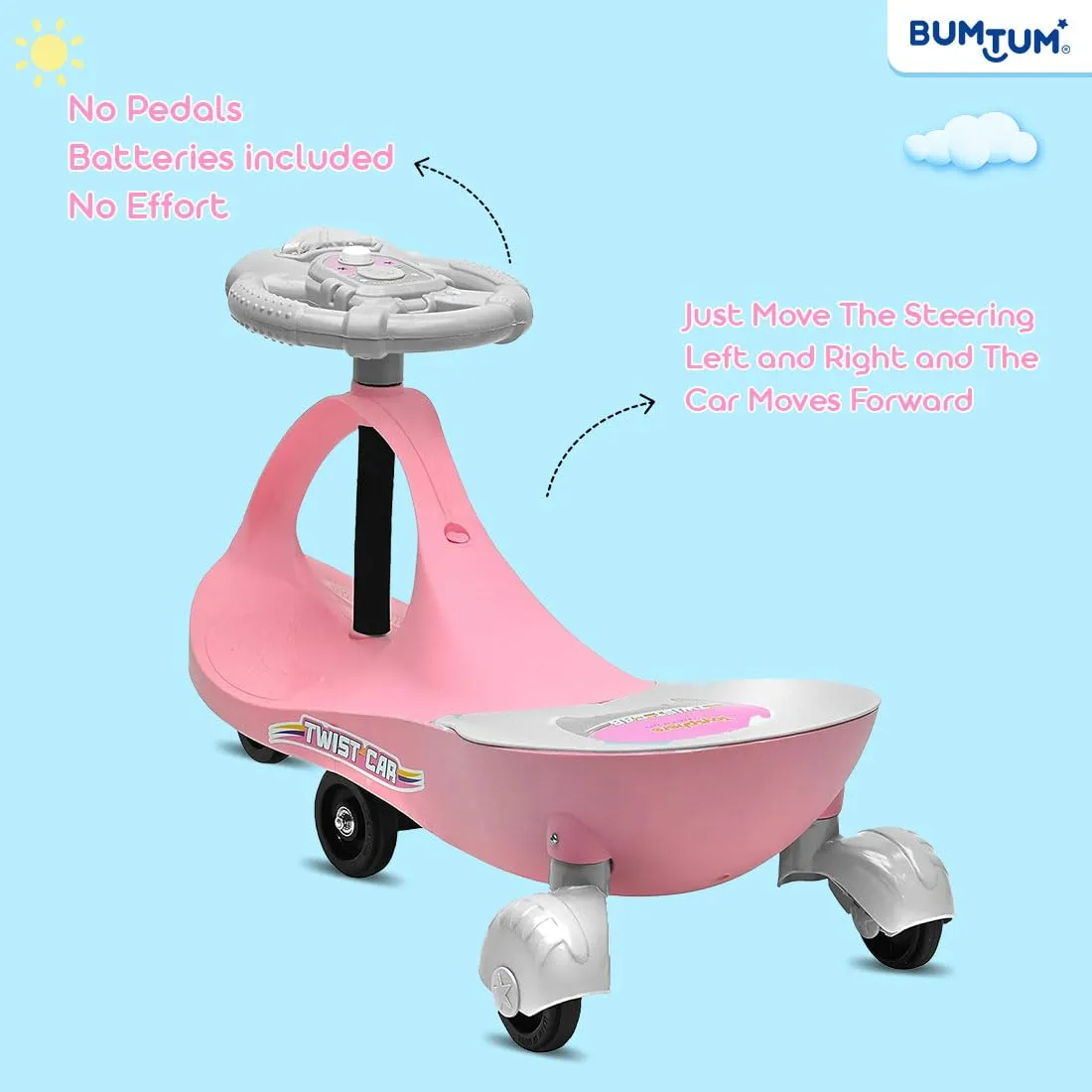 BUMTUM Baby Car, Kids Car, Swing Car for Kids, Car for Kids, Ride On for Kids, Magic Car for Kids, Push Rider Toy Car, Comfortable Seat with Backrest, 360° Rotating Steering with Music & Lights (Pink)