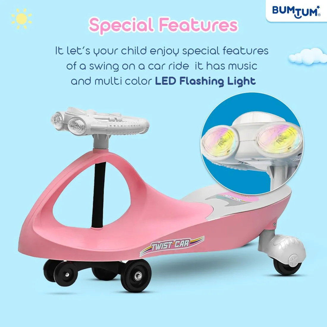 BUMTUM Baby Car, Kids Car, Swing Car for Kids, Car for Kids, Ride On for Kids, Magic Car for Kids, Push Rider Toy Car, Comfortable Seat with Backrest, 360° Rotating Steering with Music & Lights (Pink)