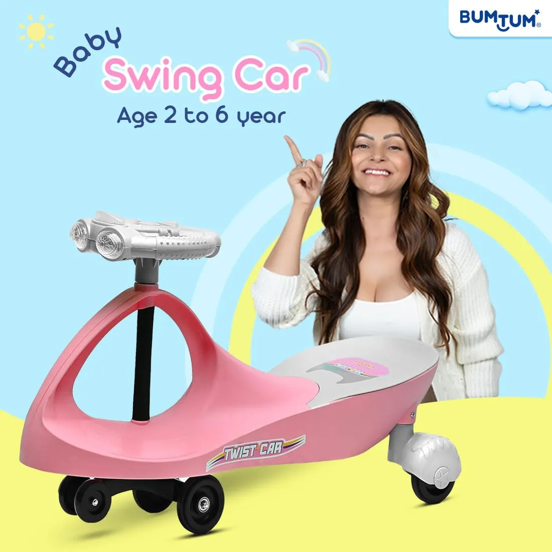 BUMTUM Baby Car, Kids Car, Swing Car for Kids, Car for Kids, Ride On for Kids, Magic Car for Kids, Push Rider Toy Car, Comfortable Seat with Backrest, 360° Rotating Steering with Music & Lights (Pink)