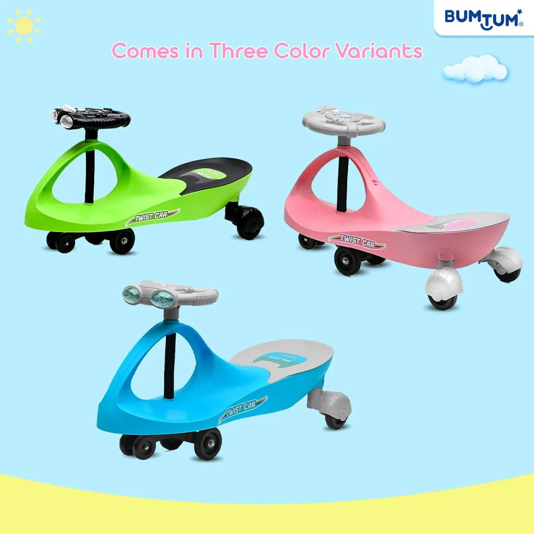 BUMTUM Baby Car, Kids Car, Swing Car for Kids, Car for Kids, Ride On for Kids, Magic Car for Kids, Push Rider Toy Car, Comfortable Seat with Backrest, 360° Rotating Steering with Music & Lights (Pink)