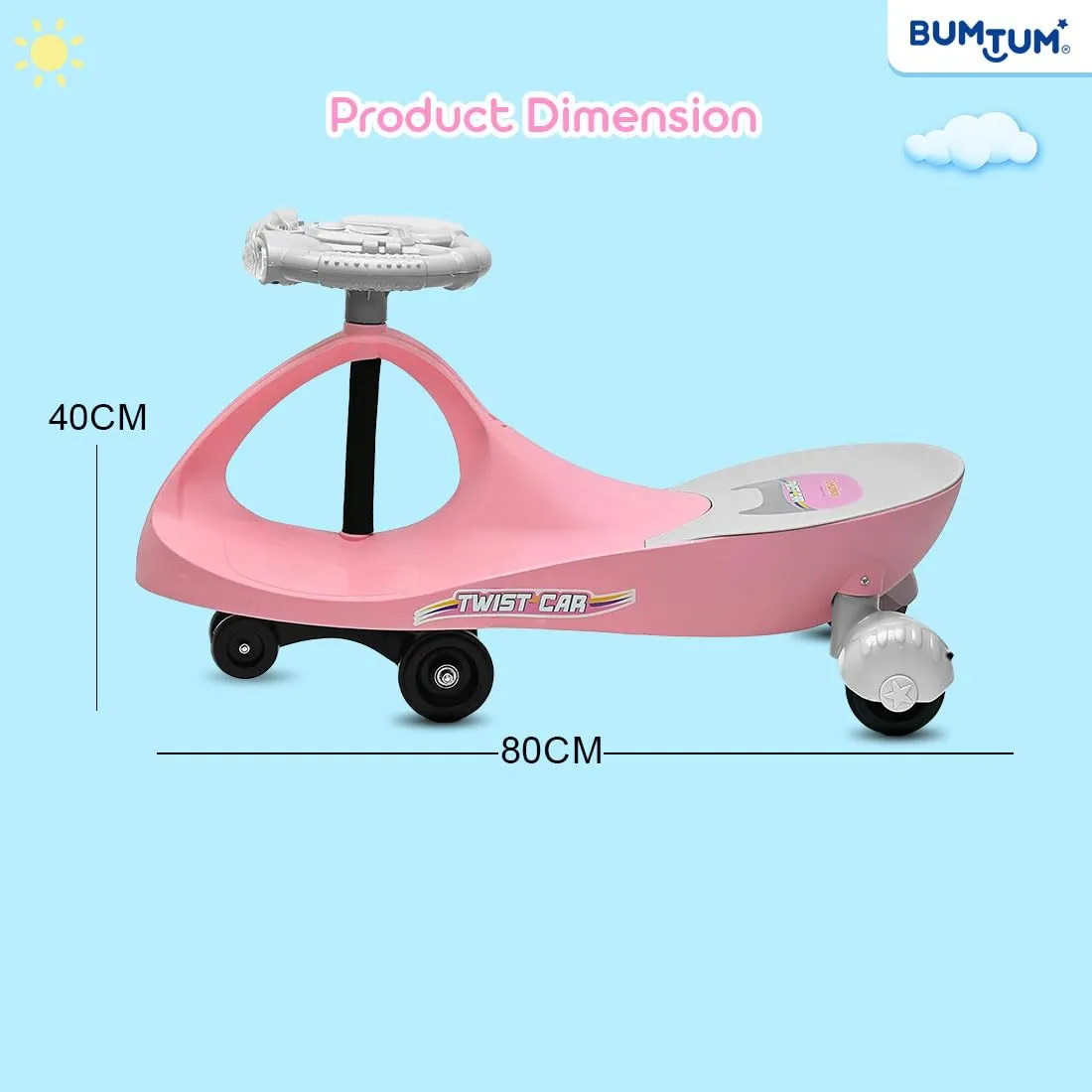 BUMTUM Baby Car, Kids Car, Swing Car for Kids, Car for Kids, Ride On for Kids, Magic Car for Kids, Push Rider Toy Car, Comfortable Seat with Backrest, 360° Rotating Steering with Music & Lights (Pink)