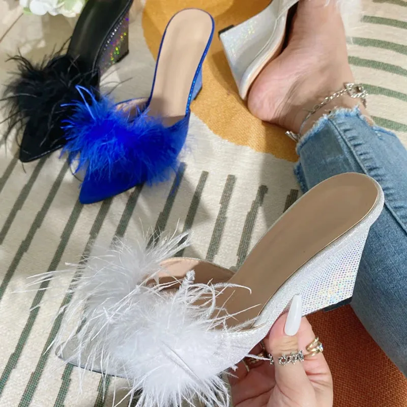 Eartha Mae Marabou Bedazzled Wedge Mules