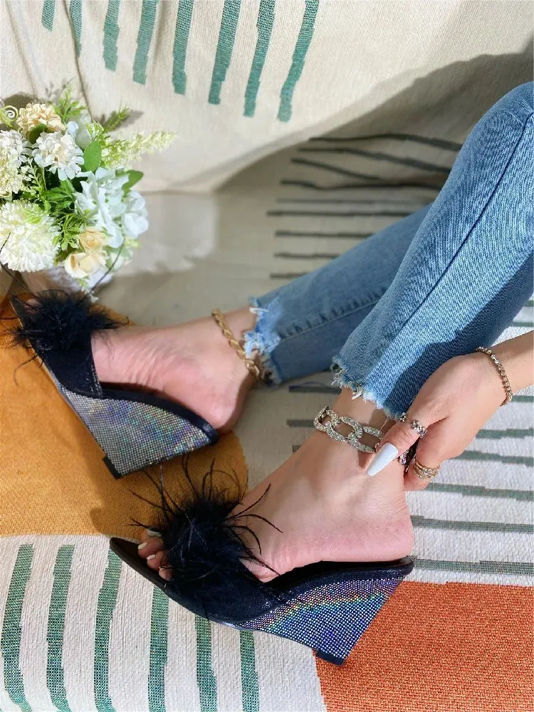 Eartha Mae Marabou Bedazzled Wedge Mules