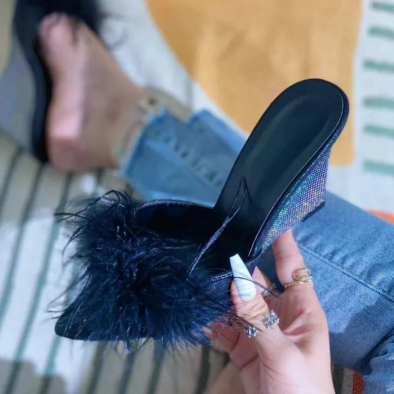 Eartha Mae Marabou Bedazzled Wedge Mules