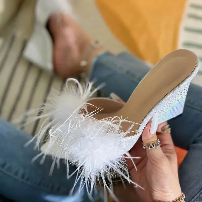 Eartha Mae Marabou Bedazzled Wedge Mules