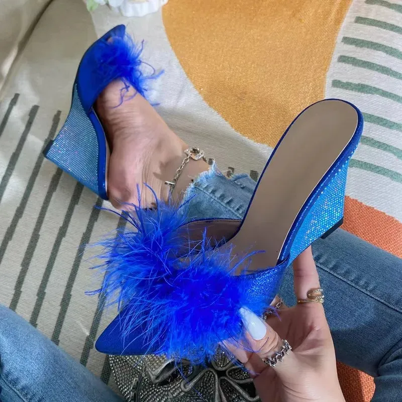Eartha Mae Marabou Bedazzled Wedge Mules