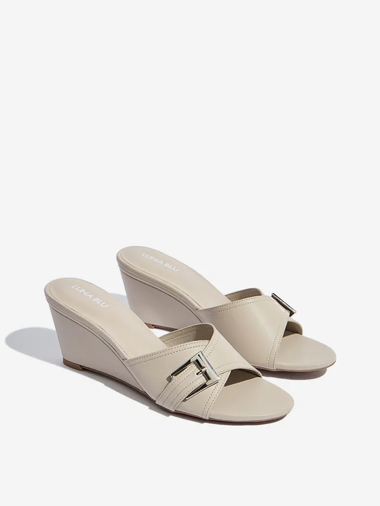 LUNA BLU Ivory Buckle-Detailed Wedge-Heel Sandals