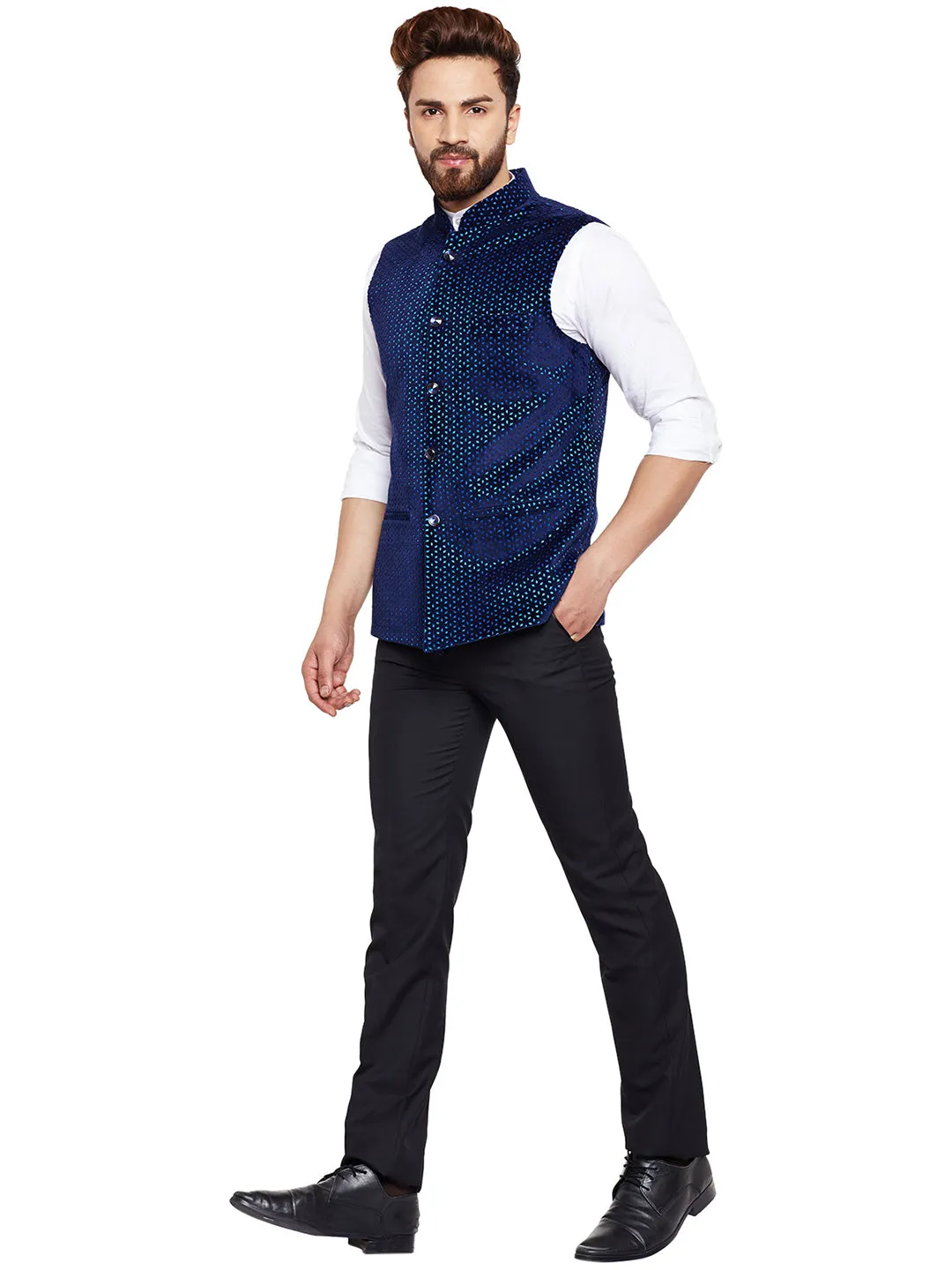 Men Navy Laser Cut Velvet Slim Fit Party Wear Nehru Jacket