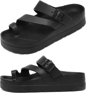 Womens Platform Sandals with Arch Support, Adjustable Buckle Beach Sandal Woman Comfort Lightweight Ultra Cushion EVA Slides