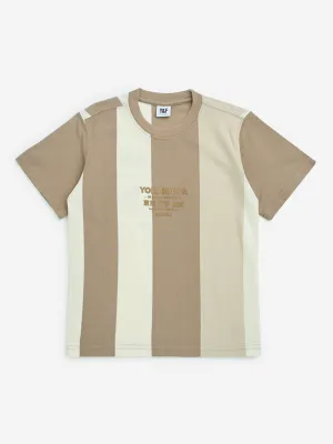 Y&F Kids Beige Colour Block Text Print Cotton-Blend T-Shirt