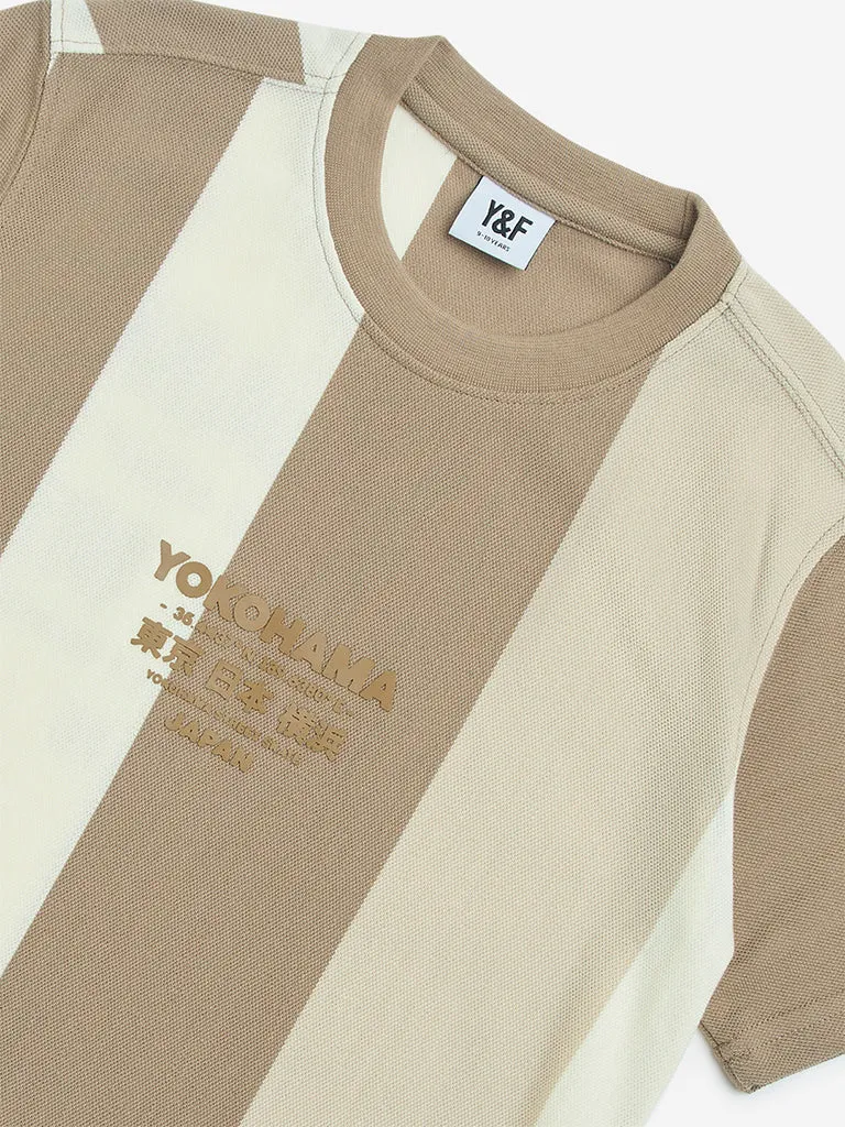 Y&F Kids Beige Colour Block Text Print Cotton-Blend T-Shirt